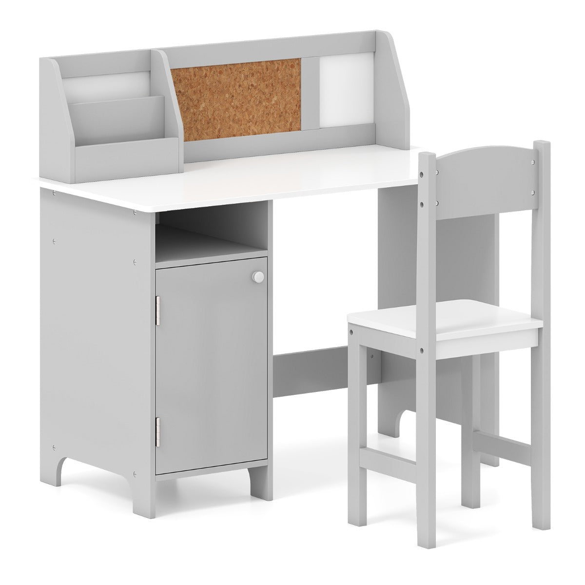 LIVSK Kinderbureau Set met Stoel - Ergonomisch met Opbergruimte - Kurkbord en Whiteboard - 90 x 45 x 85,5 cm - Grijs/Blauw