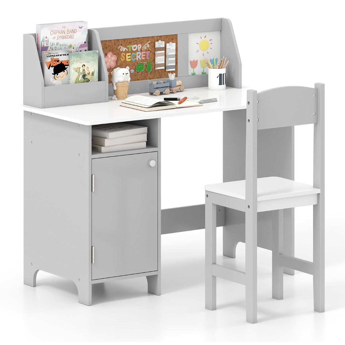 LIVSK Kinderbureau Set met Stoel - Ergonomisch met Opbergruimte - Kurkbord en Whiteboard - 90 x 45 x 85,5 cm - Grijs/Blauw