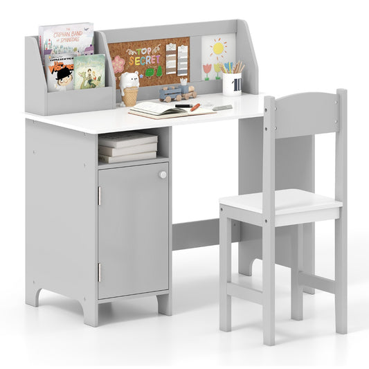 LIVSK Kinderbureau Set met Stoel - Ergonomisch met Opbergruimte - Kurkbord en Whiteboard - 90 x 45 x 85,5 cm - Grijs/Blauw