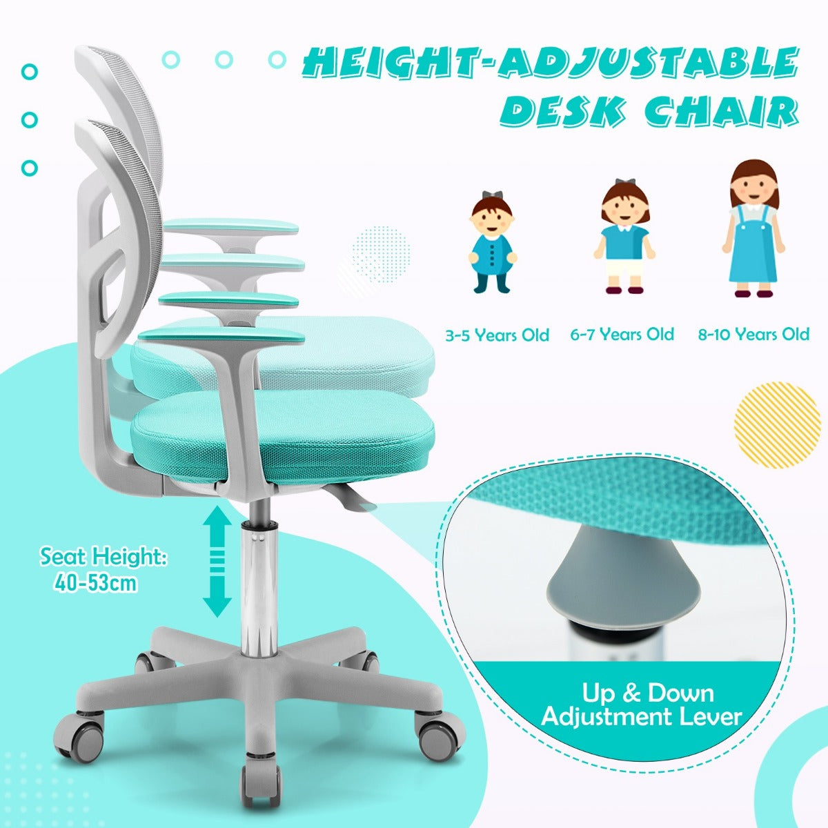 LIVSK Kinderbureaustoel - Ergonomisch Ontwerp - In Hoogte Verstelbaar 80-91,5 cm - 360° Draaibaar - Ademend - Turquoise
