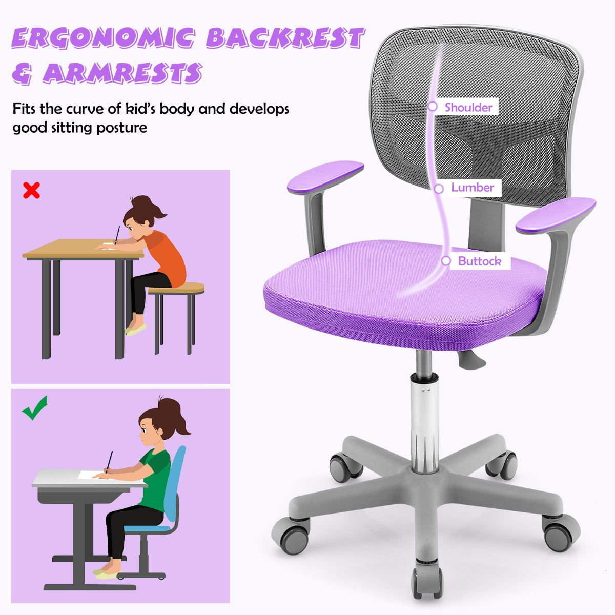 LIVSK Kinderbureaustoel - Ergonomisch Ontwerp - In Hoogte Verstelbaar 80-91,5 cm - 360° Draaibaar - Gewatteerde Zitting - Violet