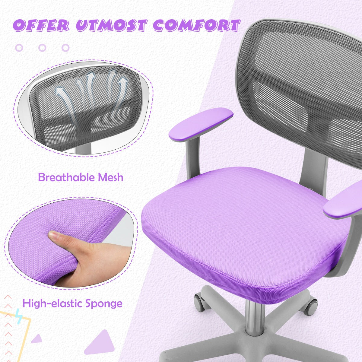 LIVSK Kinderbureaustoel - Ergonomisch Ontwerp - In Hoogte Verstelbaar 80-91,5 cm - 360° Draaibaar - Gewatteerde Zitting - Violet