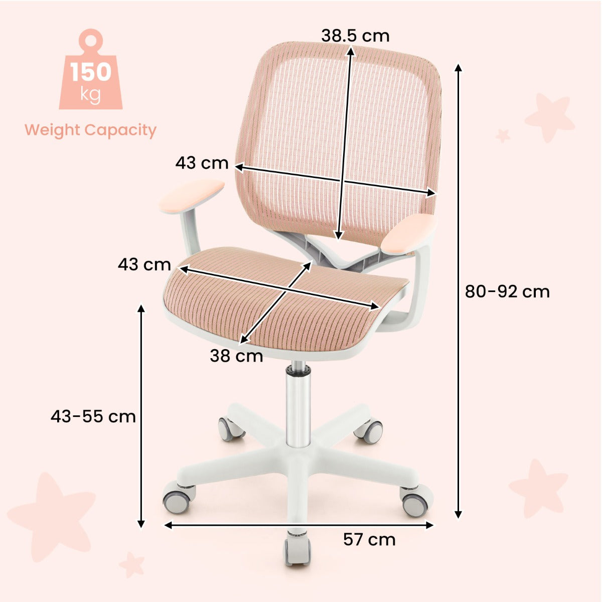 LIVSK In hoogte verstelbare Kinderbureaustoel - Ergonomisch - 360° draaibaar - Veilig met wielen - Tot 75 kg - Roze