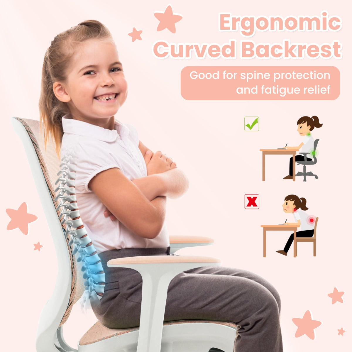 LIVSK In hoogte verstelbare Kinderbureaustoel - Ergonomisch - 360° draaibaar - Veilig met wielen - Tot 75 kg - Roze