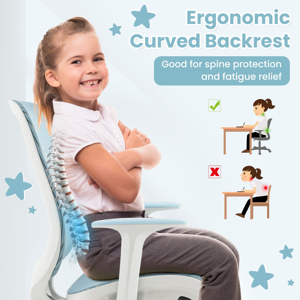 LIVSK Ergonomische Kinderbureaustoel - In hoogte verstelbaar - 360° draaibaar - Remwielen - Tot 75 kg - Blauw