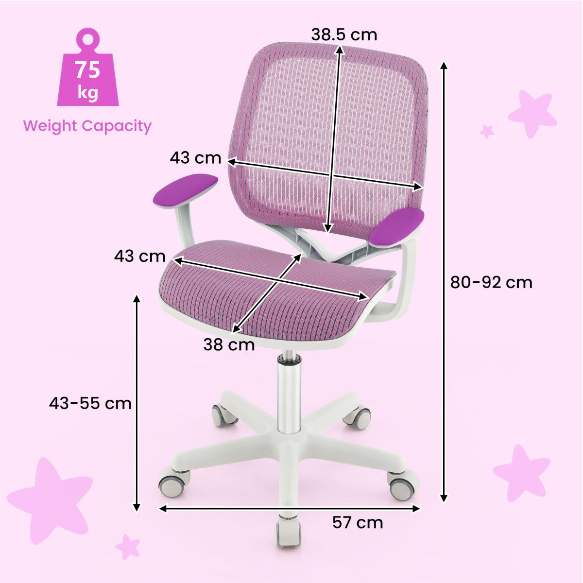 LIVSK Kinderbureaustoel - Hoogteverstelling 80-92 cm - Ergonomische Rugleuning - 360° Draaibaar - Voor 6-15 jaar - Paars