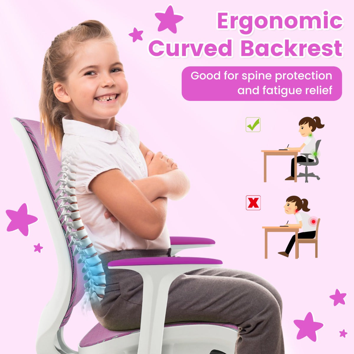 LIVSK Kinderbureaustoel - Hoogteverstelling 80-92 cm - Ergonomische Rugleuning - 360° Draaibaar - Voor 6-15 jaar - Paars