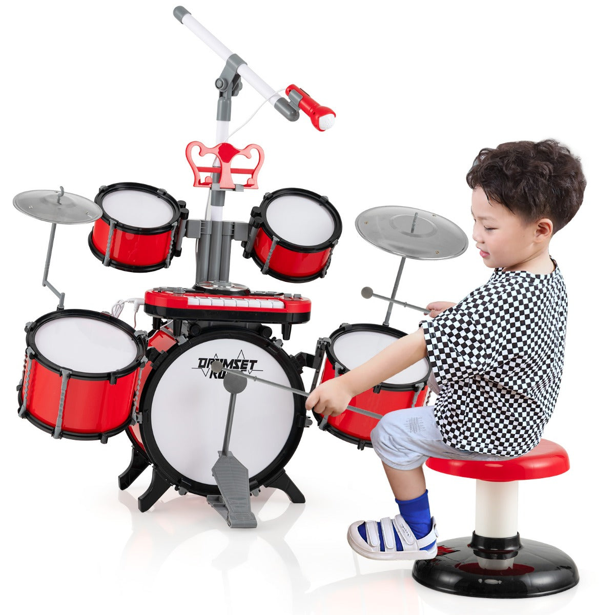 LIVSK Kinderdrumset met Toetsenbord en Microfoon - Inclusief Reserve Kickdrum - Educatief en Vermakelijk - Rood