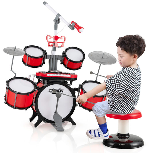 LIVSK Kinderdrumset met Toetsenbord en Microfoon - Inclusief Reserve Kickdrum - Educatief en Vermakelijk - Rood
