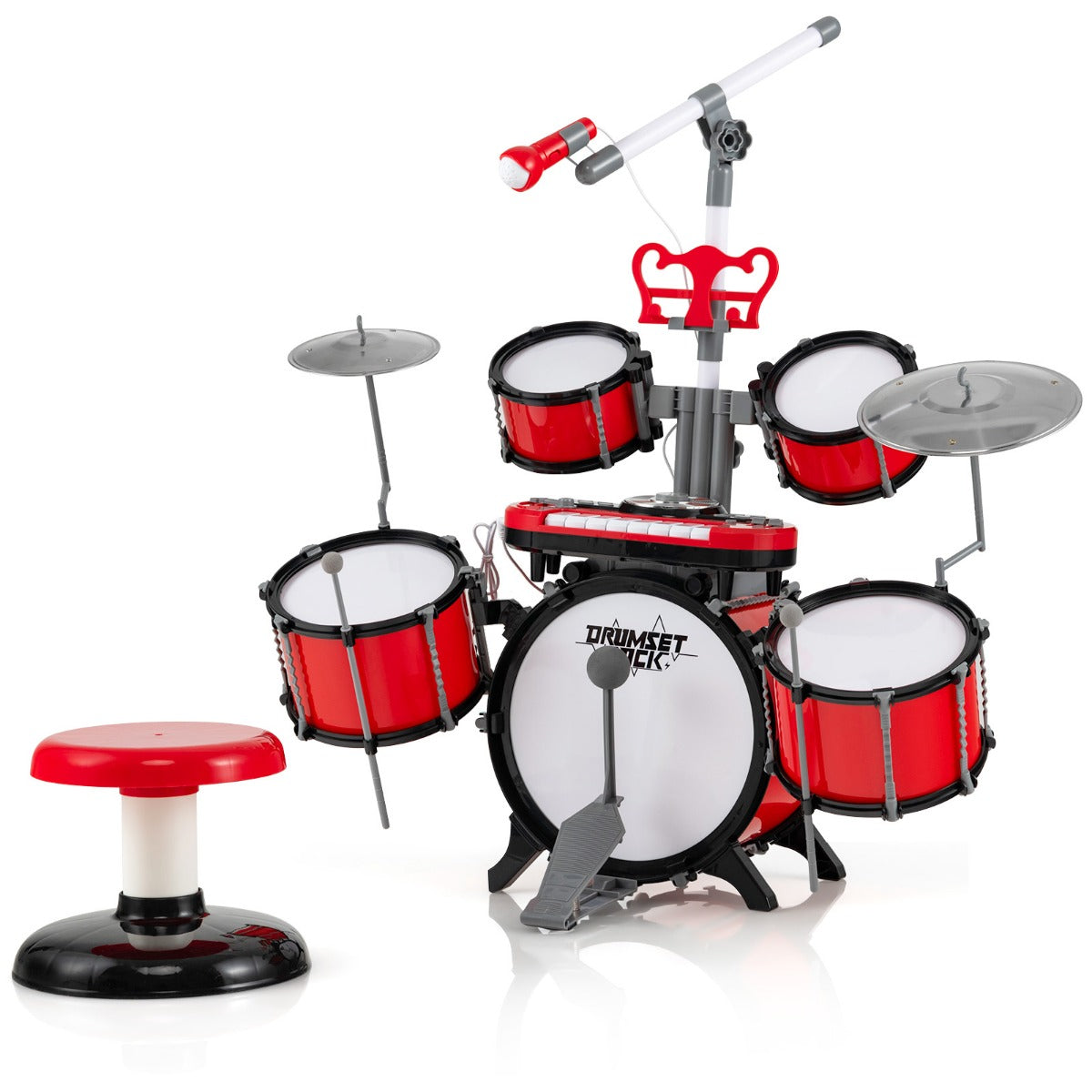 LIVSK Kinderdrumset met Toetsenbord en Microfoon - Inclusief Reserve Kickdrum - Educatief en Vermakelijk - Rood
