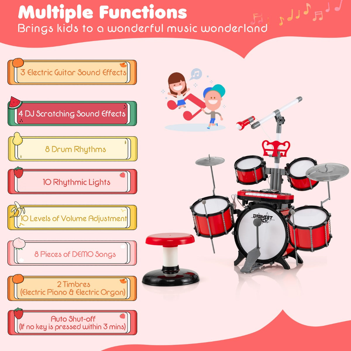 LIVSK Kinderdrumset met Toetsenbord en Microfoon - Inclusief Reserve Kickdrum - Educatief en Vermakelijk - Rood
