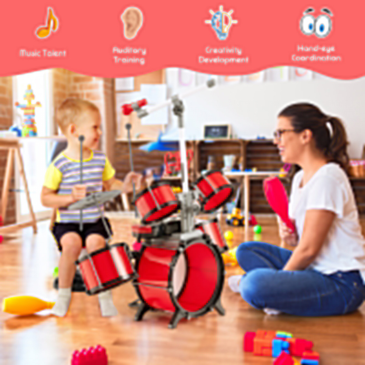 LIVSK Kinderdrumset met Toetsenbord en Microfoon - Inclusief Reserve Kickdrum - Educatief en Vermakelijk - Rood