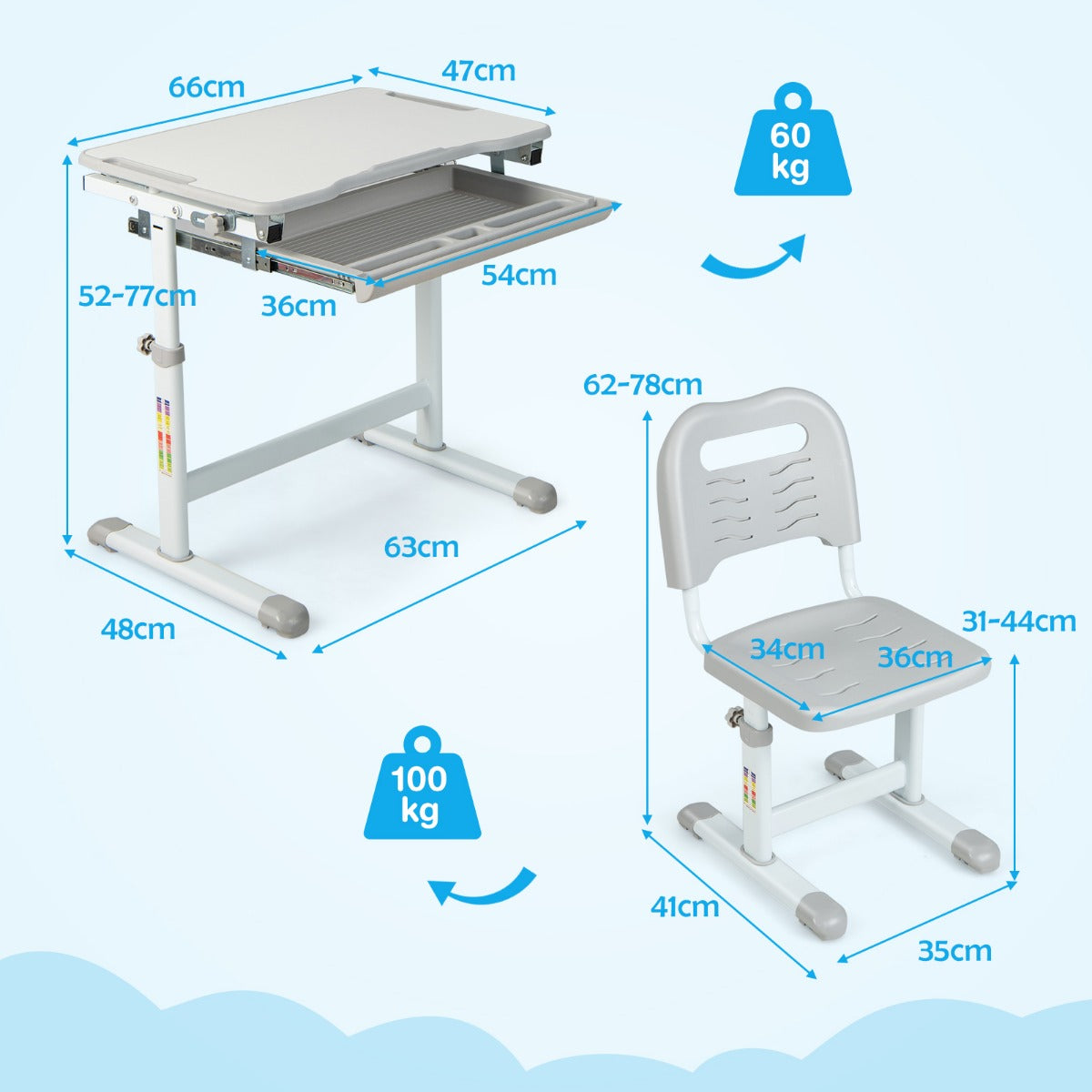 LIVSK Verstelbare Kinderbureau en Stoel Set - Ergonomisch Ontwerp - Gekanteld Tafelblad - Tot 100 kg - Grijs