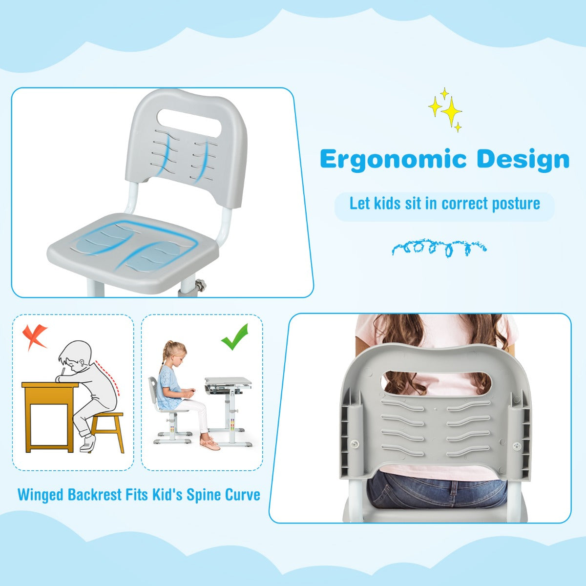 LIVSK Verstelbare Kinderbureau en Stoel Set - Ergonomisch Ontwerp - Gekanteld Tafelblad - Tot 100 kg - Grijs