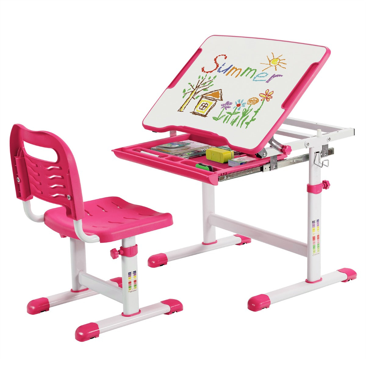 LIVSK in hoogte verstelbare kindertafel set - Ergonomisch ontwerp - Gekanteld tafelblad - Duurzaam MDF en ijzer - Roze