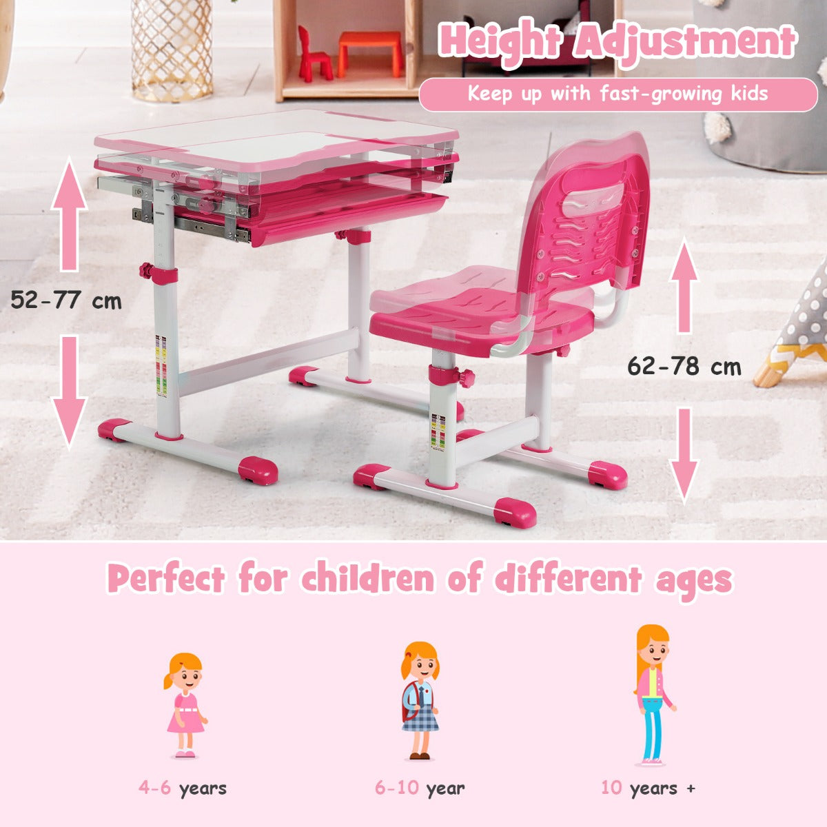 LIVSK in hoogte verstelbare kindertafel set - Ergonomisch ontwerp - Gekanteld tafelblad - Duurzaam MDF en ijzer - Roze