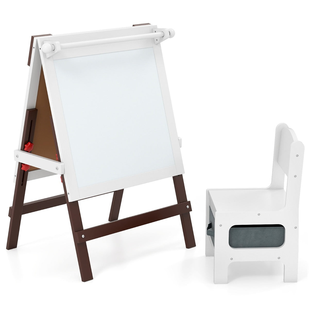 Livsk costway kinderen dubbelzijdige ezel met stoel in hoogte verstelbare staande ezel met krijtbord en whiteboard bruin wit