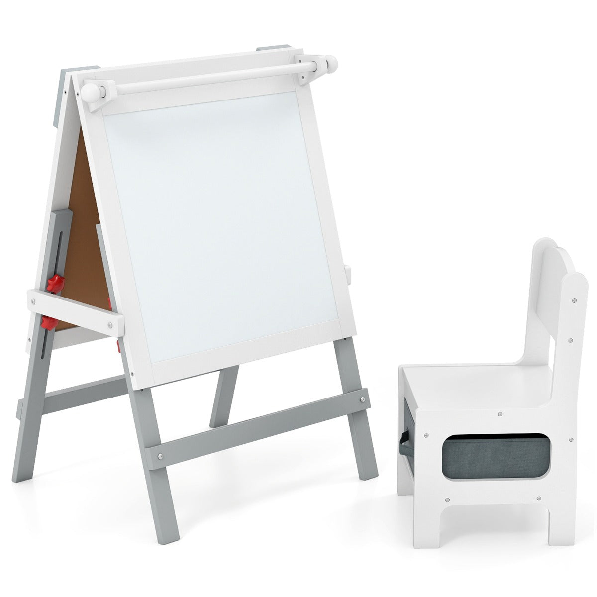 Livsk costway kinderen dubbelzijdige ezel met stoel in hoogte verstelbare staande ezel met krijtbord en whiteboard grijs wit