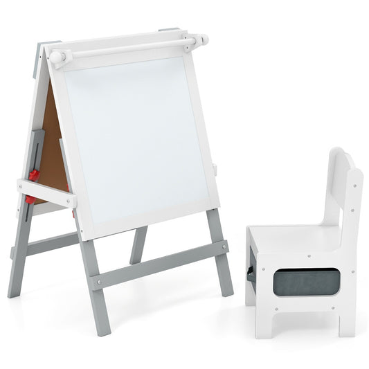 Livsk costway kinderen dubbelzijdige ezel met stoel in hoogte verstelbare staande ezel met krijtbord en whiteboard grijs wit