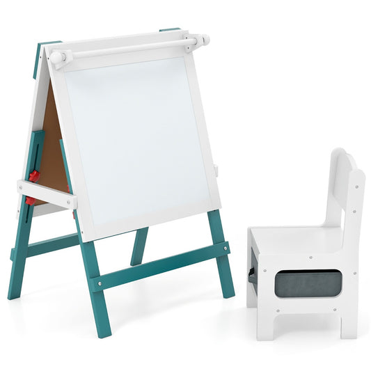 Livsk costway kinderen dubbelzijdige ezel met stoel in hoogte verstelbare staande ezel met krijtbord en whiteboard groen wit