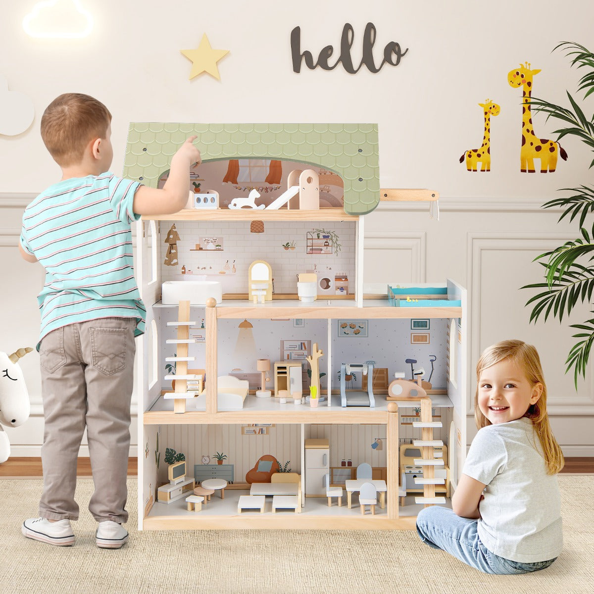 LIVSK Houten Poppenhuis met 33 Meubels - Diverse Kamers en Balkon met Zwembad - Robuuste Constructie - Voor Kinderen vanaf 3 jaar