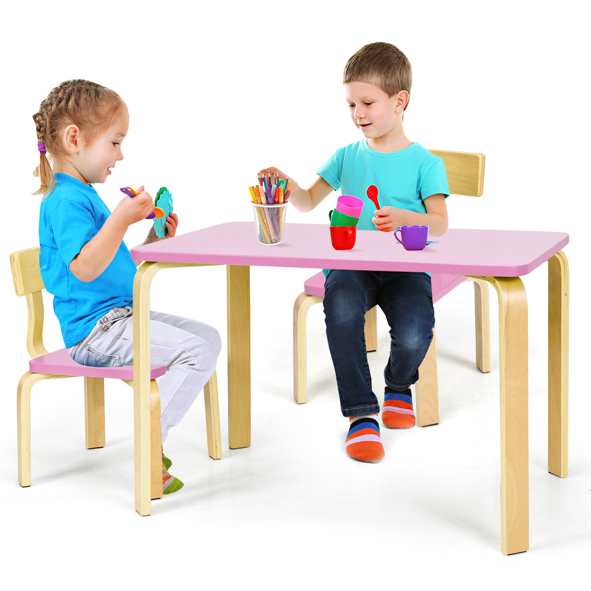 LIVSK 3-delige Kindertafel en Stoelset - Milieuvriendelijk Bentwood - Ergonomisch en Veilig - Eenvoudig te Monteren - Roze +