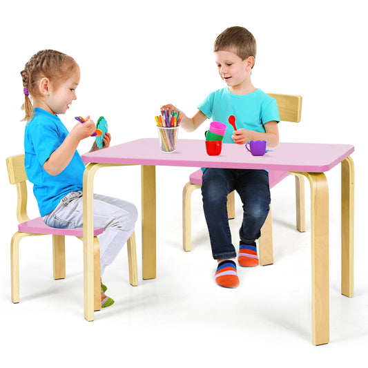 LIVSK 3-delige Kindertafel en Stoelset - Milieuvriendelijk Bentwood - Ergonomisch en Veilig - Eenvoudig te Monteren - Roze +