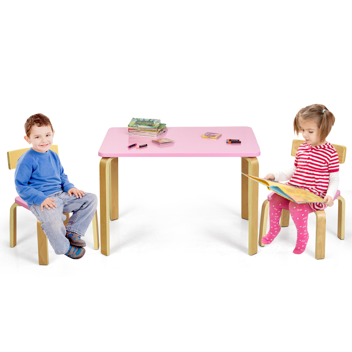 LIVSK 3-delige Kindertafel en Stoelset - Milieuvriendelijk Bentwood - Ergonomisch en Veilig - Eenvoudig te Monteren - Roze +