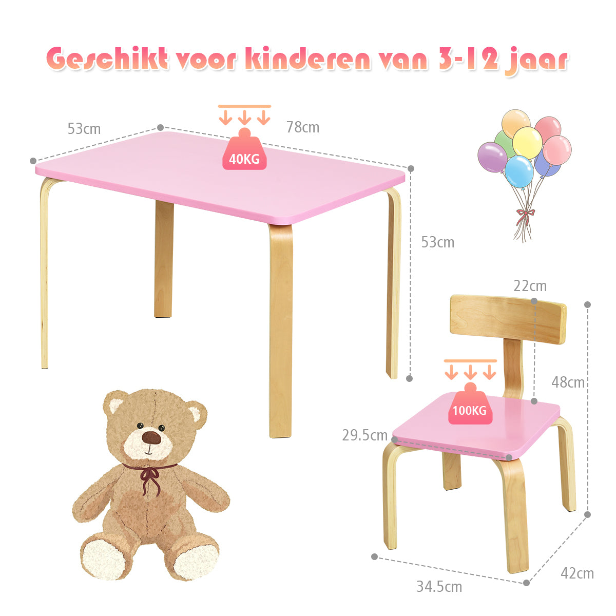 LIVSK 3-delige Kindertafel en Stoelset - Milieuvriendelijk Bentwood - Ergonomisch en Veilig - Eenvoudig te Monteren - Roze +