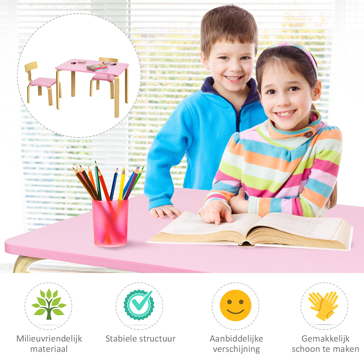LIVSK 3-delige Kindertafel en Stoelset - Milieuvriendelijk Bentwood - Ergonomisch en Veilig - Eenvoudig te Monteren - Roze +