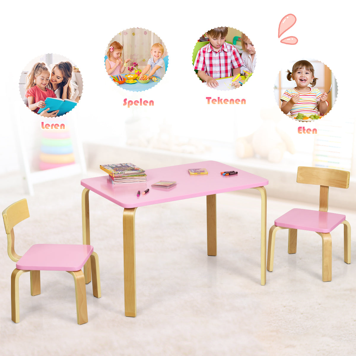 LIVSK 3-delige Kindertafel en Stoelset - Milieuvriendelijk Bentwood - Ergonomisch en Veilig - Eenvoudig te Monteren - Roze +