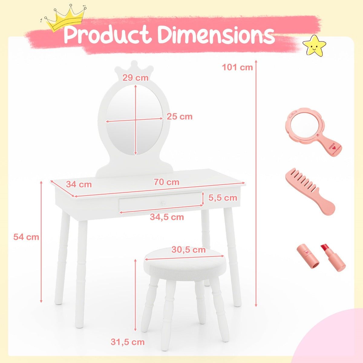 LIVSK Prinses Kaptafel Set - Veilig en Duurzaam - Grote Lade - Comfortabele Kruk met Kussen - Geschikt voor Meisjes - Wit
