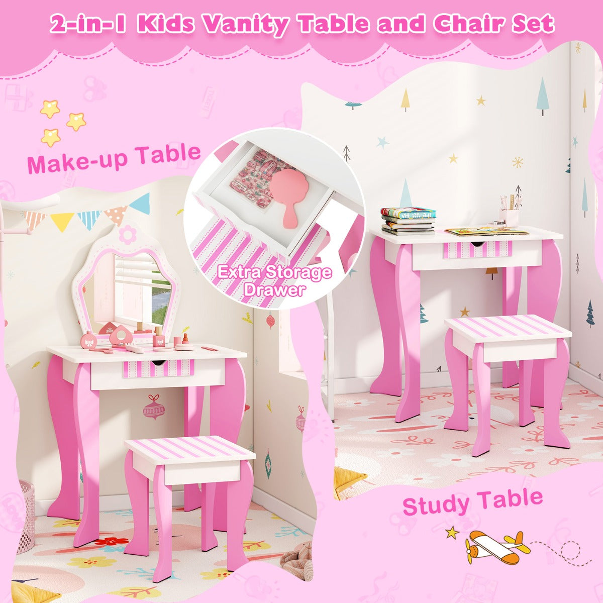LIVSK Bloem Kaptafel Set - Schrijftafel met Grote Afneembare Spiegel - Ruime Opberglade - Makkelijk te Monteren - Roze & Wit