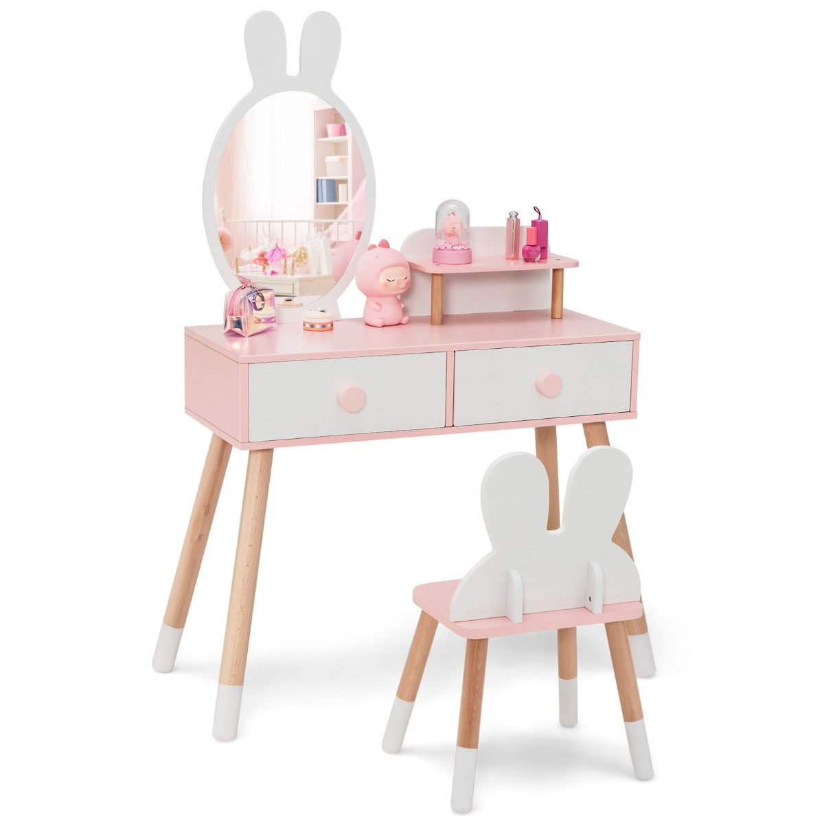 LIVSK Kinderen Kaptafel en Stoel - Multifunctioneel met Spiegel en Opbergladen - Duurzaam MDF en Hout - Roze en Wit