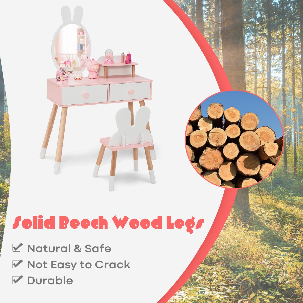 LIVSK Kinderen Kaptafel en Stoel - Multifunctioneel met Spiegel en Opbergladen - Duurzaam MDF en Hout - Roze en Wit