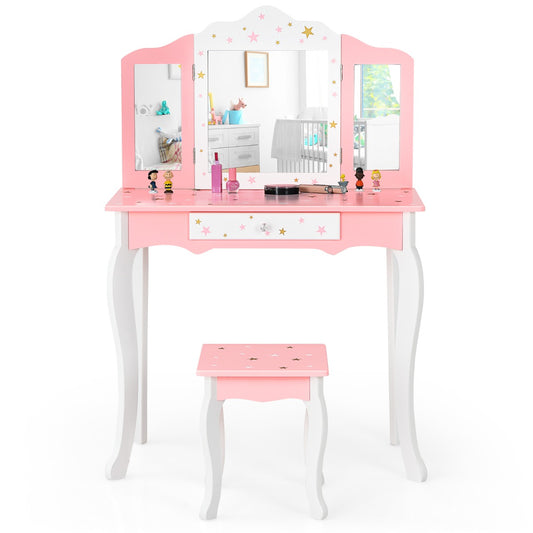 Livsk costway kinderen kaptafel kruk set drievoudige spiegel make up tafel schitteren ster afdrukken kinder kaptafel schrijftafel