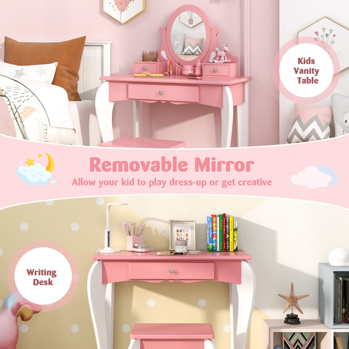 LIVSK Kinderkaptafel met Draaibare Spiegel - 3 Lades - Afneembaar Bovenstuk - Veilig Ontwerp - Roze + Wit