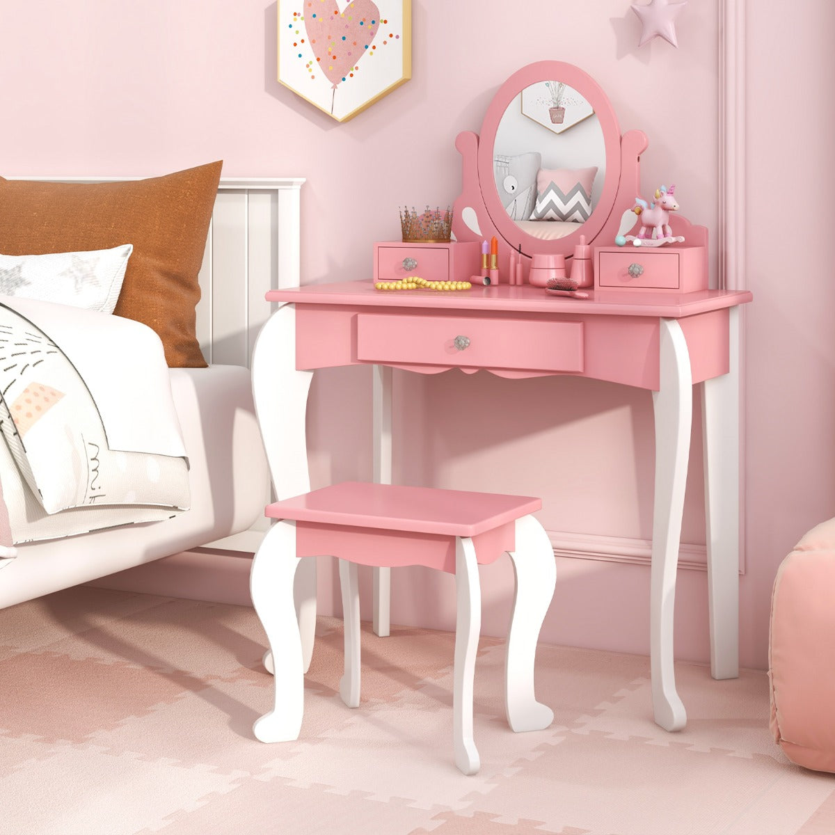 LIVSK Kinderkaptafel met Draaibare Spiegel - 3 Lades - Afneembaar Bovenstuk - Veilig Ontwerp - Roze + Wit