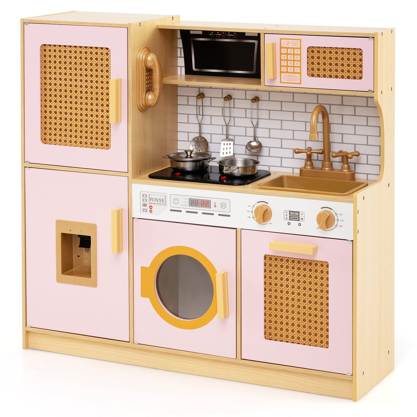 LIVSK Houten Speelkeuken Set - Met Koelkast, Magnetron en Oven - Inclusief Kookaccessoires - Voor Kinderen vanaf 3 jaar - Roze