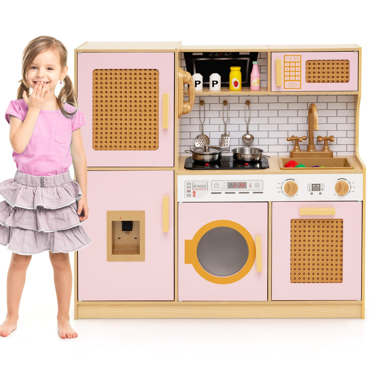 LIVSK Houten Speelkeuken Set - Met Koelkast, Magnetron en Oven - Inclusief Kookaccessoires - Voor Kinderen vanaf 3 jaar - Roze