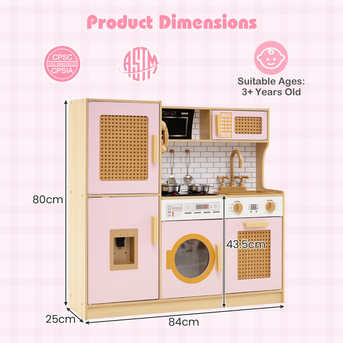 LIVSK Houten Speelkeuken Set - Met Koelkast, Magnetron en Oven - Inclusief Kookaccessoires - Voor Kinderen vanaf 3 jaar - Roze