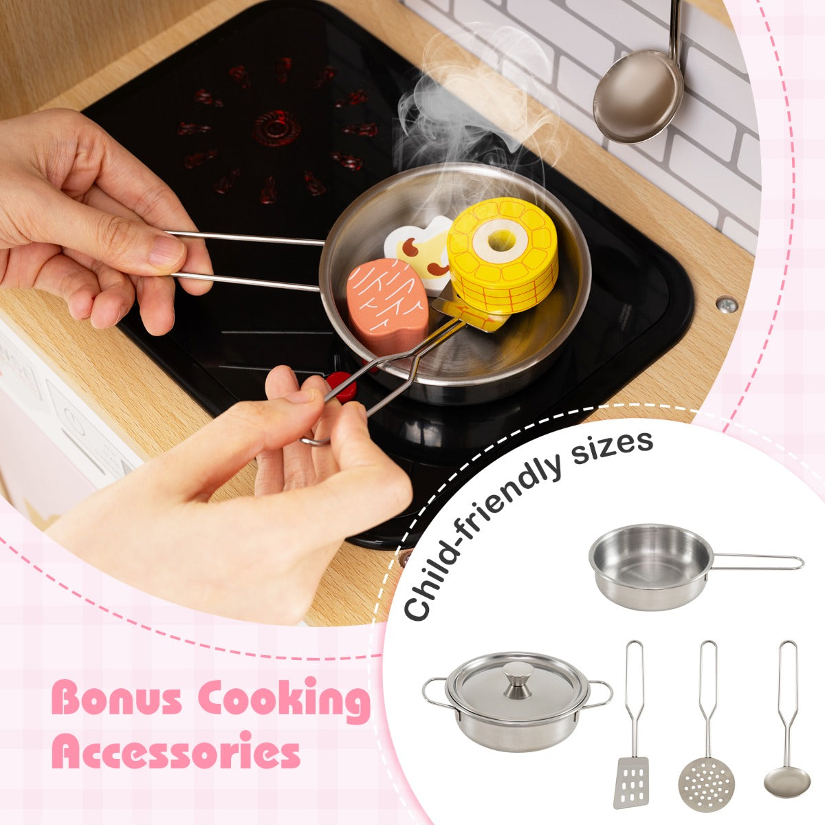 LIVSK Houten Speelkeuken Set - Met Koelkast, Magnetron en Oven - Inclusief Kookaccessoires - Voor Kinderen vanaf 3 jaar - Roze