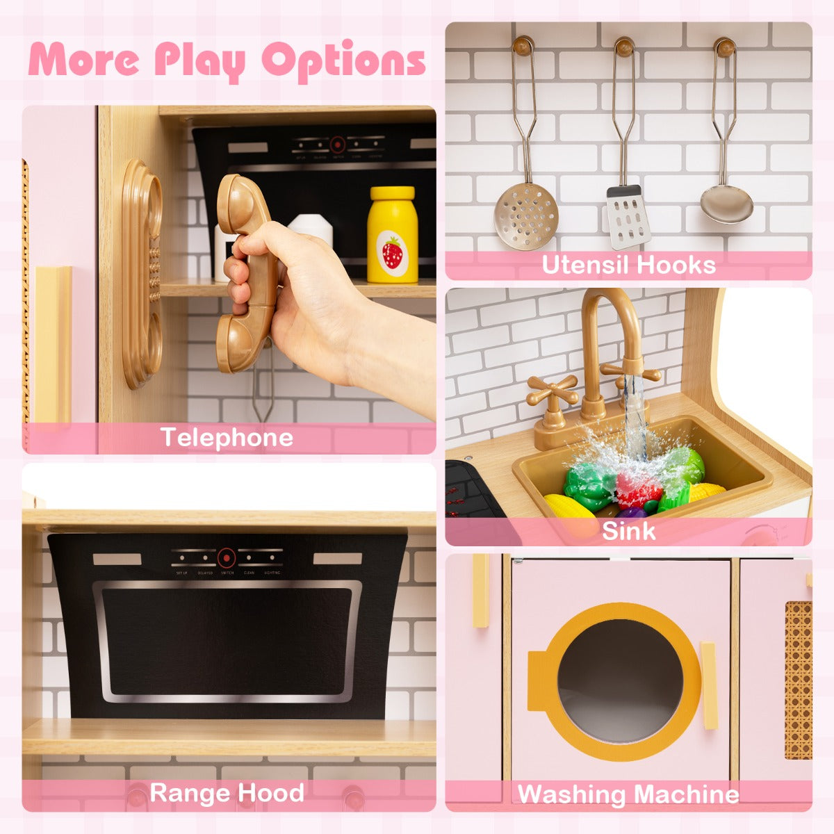 LIVSK Houten Speelkeuken Set - Met Koelkast, Magnetron en Oven - Inclusief Kookaccessoires - Voor Kinderen vanaf 3 jaar - Roze