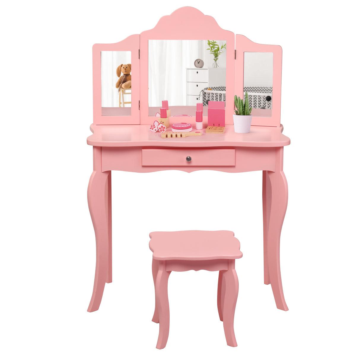LIVSK Kinderen Kaptafel Set - Drievoudige Spiegel - Afneembare Aankleed- en Schrijftafel - Duurzaam - Roze