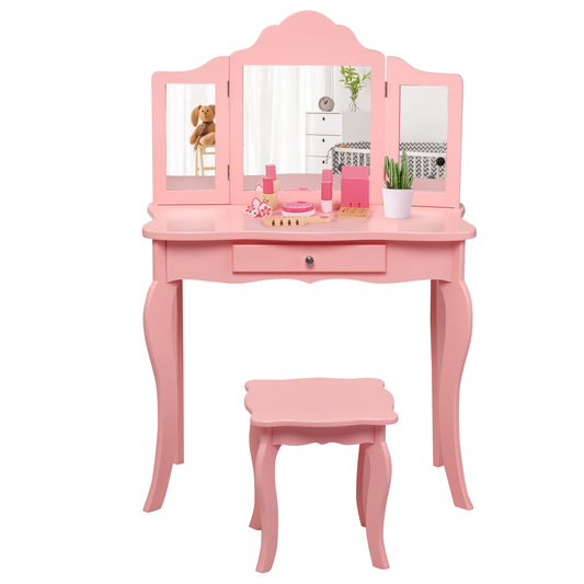 LIVSK Kinderen Kaptafel Set - Drievoudige Spiegel - Afneembare Aankleed- en Schrijftafel - Duurzaam - Roze