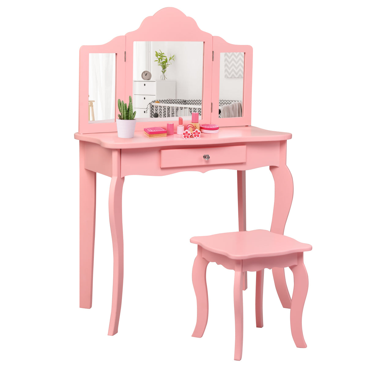 LIVSK Kinderen Kaptafel Set - Drievoudige Spiegel - Afneembare Aankleed- en Schrijftafel - Duurzaam - Roze