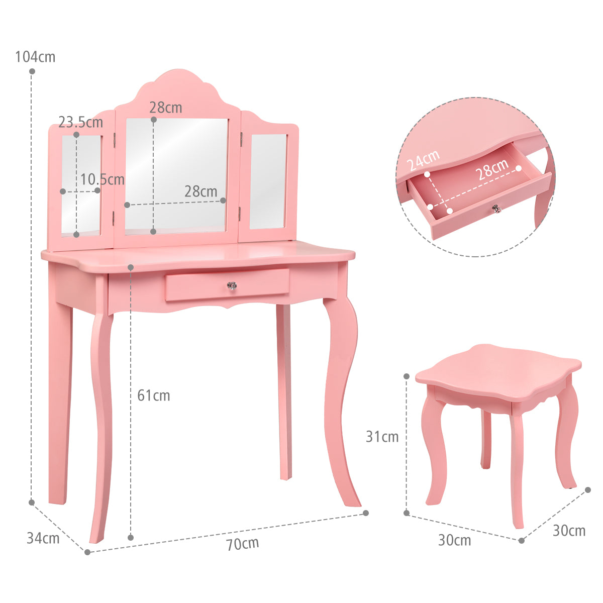 LIVSK Kinderen Kaptafel Set - Drievoudige Spiegel - Afneembare Aankleed- en Schrijftafel - Duurzaam - Roze