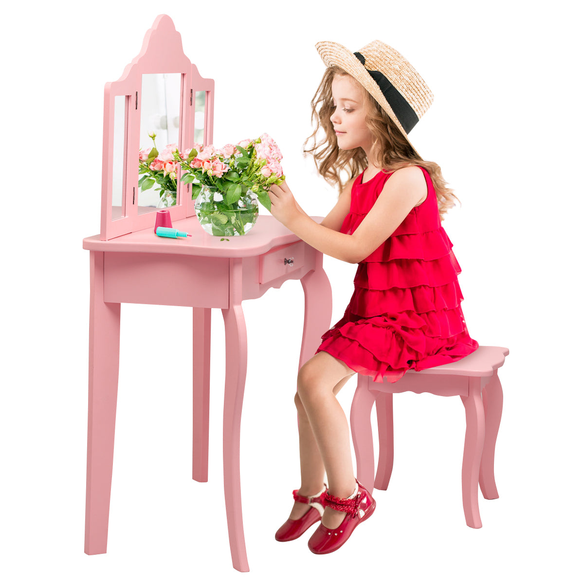 LIVSK Kinderen Kaptafel Set - Drievoudige Spiegel - Afneembare Aankleed- en Schrijftafel - Duurzaam - Roze