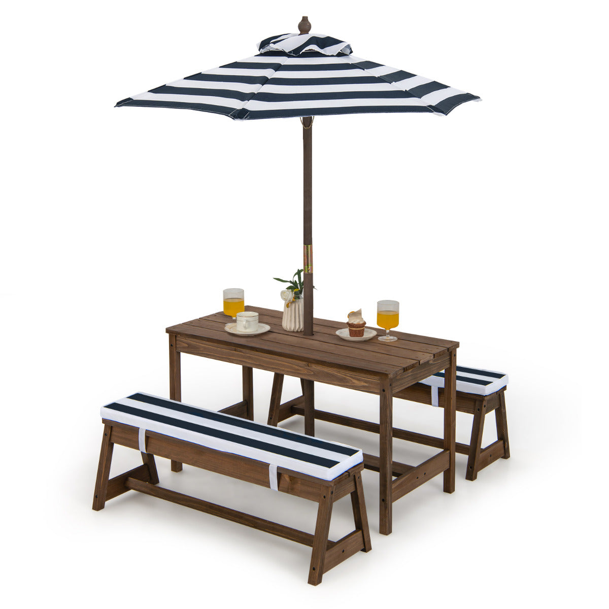 LIVSK Kinderpicknicktafelset - Houten Tafel met Paraplu en Kussens - Voor 4 Kinderen - Duurzaam en Comfortabel - Blauw