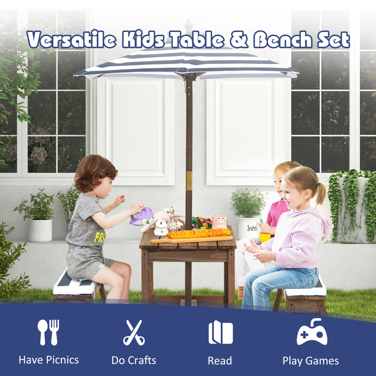 LIVSK Kinderpicknicktafelset - Houten Tafel met Paraplu en Kussens - Voor 4 Kinderen - Duurzaam en Comfortabel - Blauw